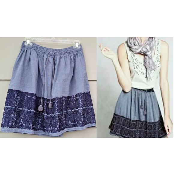 J CREW Zafrina Embroidered Chambray Skirt Cotton Elastic waist Tassels M Boho - Picture 1 of 11